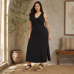 Torrid Ribbed Deep V-Neck Side Slit Column Maxi Dress Black 2 2X 18-20